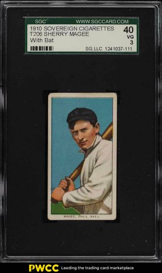 1909 - 11 T206 Sherry Magee With Bat Sovereign Sgc 3 Vg (pwcc)