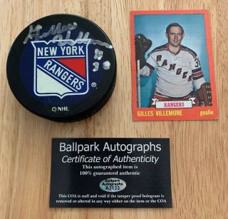 Gilles Villemure Signed York Ny Rangers Hockey Puck Hologram And Card