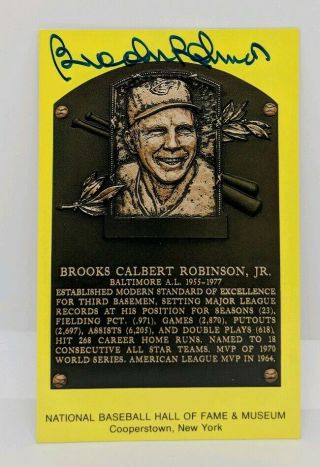 Brooks Robinson Autographed Hall Of Fame Hof Yellow Plaque Postcard