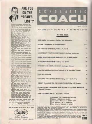 SCHOLASTIC COACH,  FEBRUARY 1960,  USC TRACK AND FIELD STARS,  1959 H.  S ALL AMERICAS 2