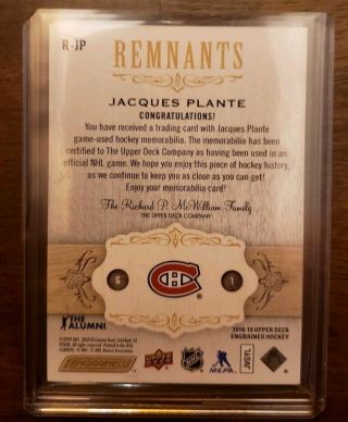 2018 - 19 Engrained Remnants Jacques Plante 82/100 Game stick 2