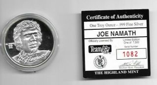 Joe Namath Highland 1 Troy Oz Silver Medallion Coin W And Box /7500