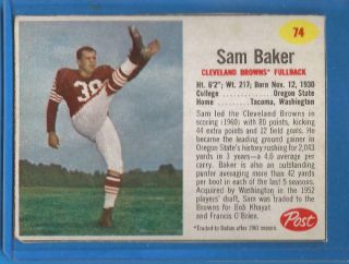 1962 Post Cereal Football Card 74 Sam Baker (red) (sp) - Cleveland Browns