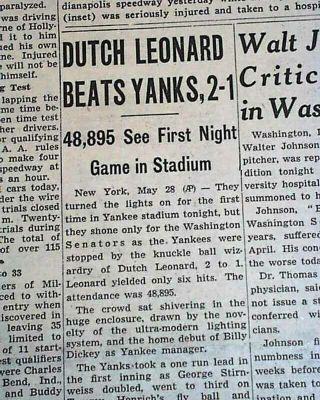 Very 1st York Yankees Stadium Night Mlb Baseball Game 1946 Old Newspaper