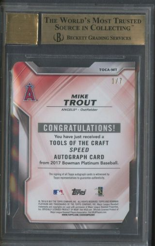 2017 Bowman Platinum Tools of The Craft Speed Mike Trout AUTO 1/7 BGS 9.  5 2