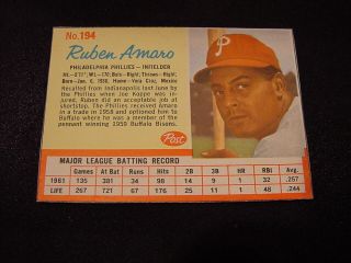 Gorgeous 1962 Post Cereal 194 Ruben Amaro,  Philadelphia Phillies,  Hi Grade