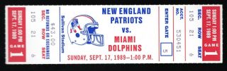 Sept 17,  1989 England Patriots & Miami Dolphins Full Ticket Marino 3 Td 