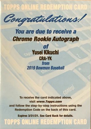Yusei Kikuchi 2019 Bowman Chrome Rc Auto Redemption Seattle Mariners