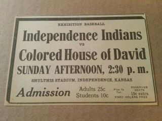 1940 Independence Indians Vs Colored House Of David Baseball Exhibition Ad