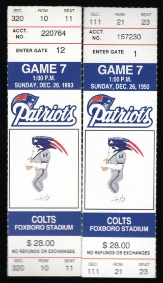 2 Dec 26,  1993 England Patriots & Indianapolis Colts Full Ticket 38 - 0 Pats