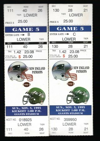 2 November 5,  1995 York Jets & England Patriots Full Tickets 20 - 7 Pats