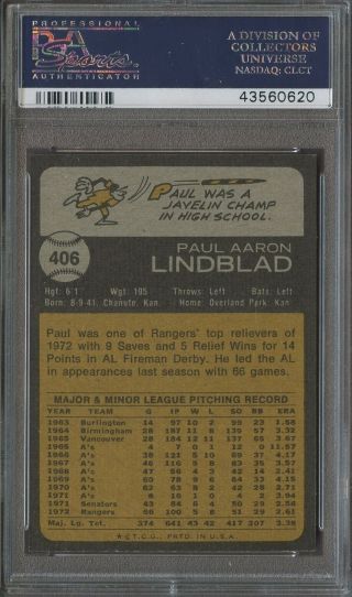 1973 Topps 406 Paul Lindblad Oakland A ' s PSA 10 GEM 