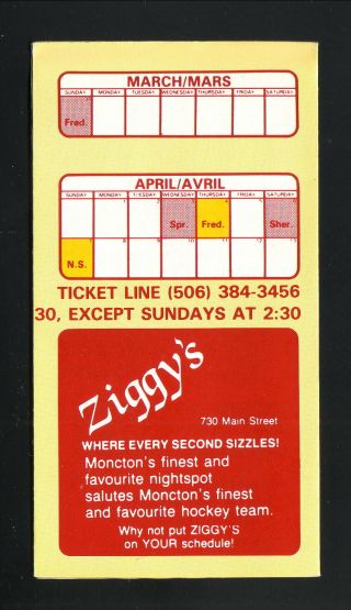 Moncton Golden Flames - - 1984 - 85 Pocket Schedule - - Ziggy ' s - - Flames Affiliate 2