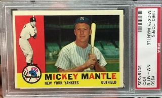 1960 Topps Mickey Mantle York Yankees 350 Baseball Card Psa Nm - Mt 8 (oc)