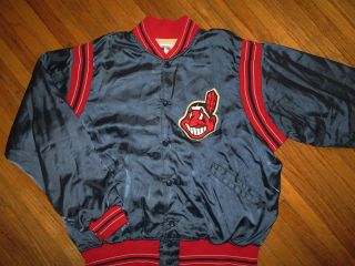 Vtg Cleveland Indians Nylon Jacket Coat Sewn Chief Wahoo Logo Patch Satin Felco