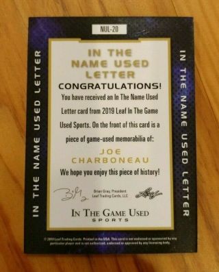 2019 Leaf In The Game JOE CHARBONEAU Nameplate Letter Patch 1/10 2