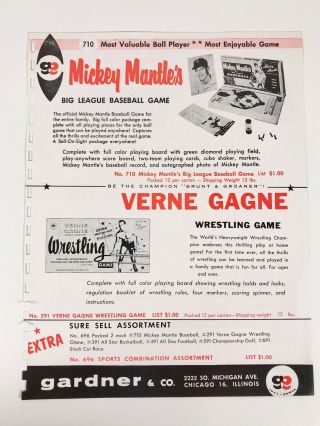 Vintage Gardner Mickey Mantle Baseball/verne Gagne Wrestling Game Retailer Flyer