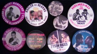 9 Nine Vintage Souvenir Boxing Pinback Buttons - Ali,  Holmes,  Tyson,  Biggs,  Hagler,  Ect