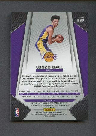 2017 - 18 Panini Prizm Silver 289 Lonzo Ball Lakers RC Rookie AUTO 6 2