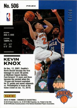 Kevin Knox 2018 - 19 Panini Chronicles Gold Prizm Refractor Rookie RC 1/10 = 1/1 2