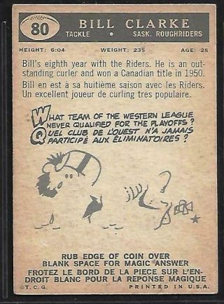 1959 TOPPS CFL FOOTBALL: 80 BILL CLARKE,  SASKATCHEWAN ROUGHRIDERS 2