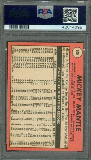 1969 Topps MICKEY MANTLE 500 (Yellow) Yankees PSA 7 (NearMint) 2
