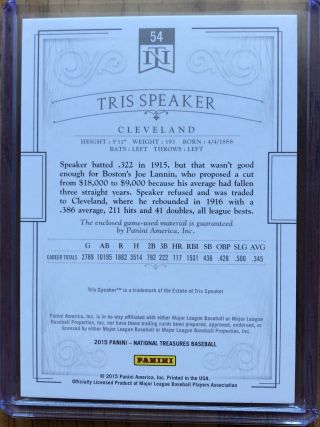 TRIS SPEAKER 2015 National Treasures Game Relic Card 65/99 Cleveland 2