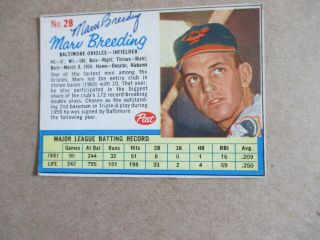Marv Breeding 1962 Post Cereal Baseball Card Ex Autographed