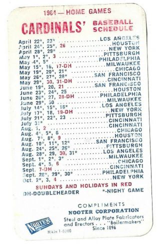 1964 St.  Louis Cardinals Home & Away Games Pocket Schedule Busch Bavarian Beer