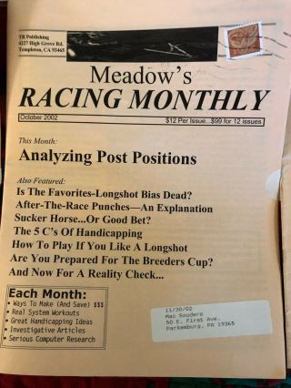 Meadow ' s Racing Monthly 11 issues from 2002 Horse Race Handicapping 4