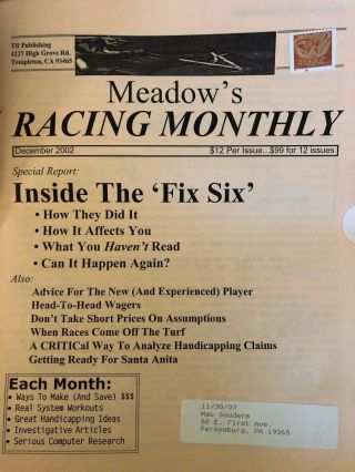 Meadow ' s Racing Monthly 11 issues from 2002 Horse Race Handicapping 5