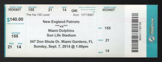 Sept 7,  2014 Miami Dolphins Vs England Patriots Full Ticket Moreno 134 Yards