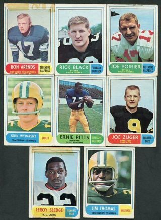 1968 Canadian Football Cards.  Scarce.  8 Different.  Lower Grade