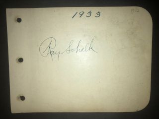 1919 Black Sox: Ray Schalk,  Single Signed Album Page,  D.  1970,  Hof