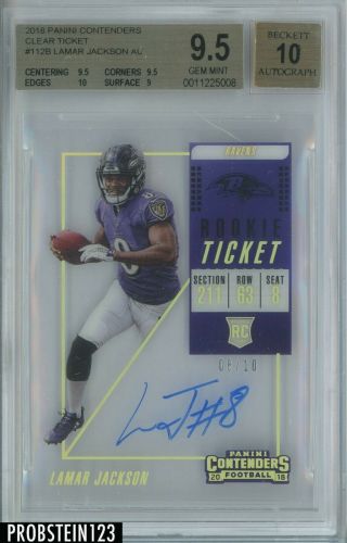 2018 Contenders Rookie Ticket Clear Lamar Jackson Rc Auto 8/10 Jersey Bgs 9.  5
