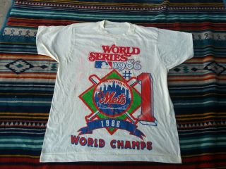 Vtg 80s 1986 Mlb York Mets World Series Champs T - Shirt L Double Side