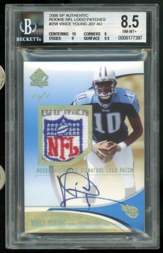 06 Vince Young Ud Sp Authentic Rookie Nfl Logo Shield Rc Auto 258 Bgs 8.  5 9 1/1