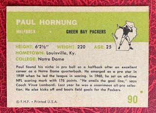 1961 FLEER FOOTBALL 90 PAUL HORNUNG GREEN BAY PACKERS NM 2