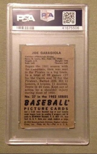 1952 Bowman Joe Garagiola 27 Baseball Card PSA 3 2