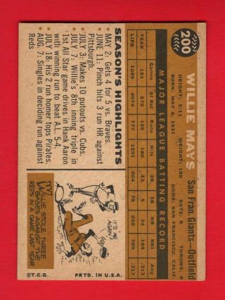1960 Topps WILLIE MAYS 200 Baseball Card EX - MT COND.  