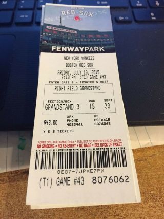 2015 Boston Red Sox Vs York Yankees Ticket Stub 7/10 Alex Rodriguez Hr 671