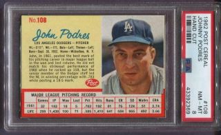 1962 Post Cereal Johnny Podres Hand Cut 108 - L A Dodgers - Psa 8 Nm - Mt - Pop 1