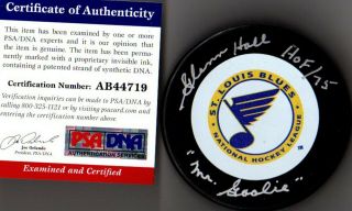 Psa/dna Glenn Hall " Hof 75 & Mr Goalie " Autographed - Signed St Louis Blues Puck 9