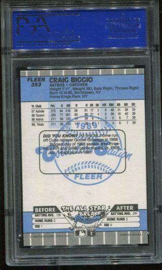 1989 Fleer Glossy 353 Craig Biggio Rookie psa 10 Gem HOF 2