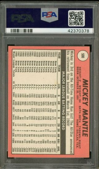 1969 Topps 500 Mickey Mantle York Yankees HOF PSA 7 NM 2