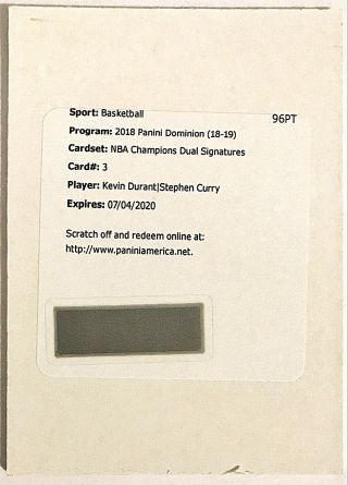 2018 - 19 Dominion Stephen Curry Kevin Durant Dual Auto /25 Redemption Nba