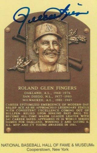 Rollie Fingers Signed Autograph Hof Plaque Postcard Hall Of Fame Oakland A 