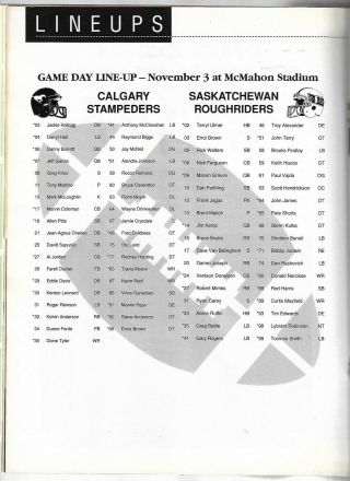1996 CFL FOOTBALL PROGRAM: SASKATCHEWAN ROUGHRIDERS at CALGARY STAMPEDERS,  NOV 3 2