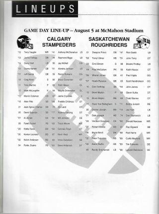 1996 CFL FOOTBALL PROGRAM: SASKATCHEWAN ROUGHRIDERS at CALGARY STAMPEDERS,  AUG 5 2