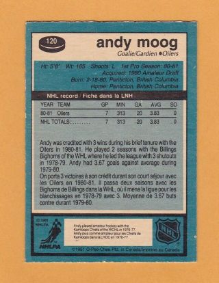 1981 - 82 NHL O - Pee - Chee 120 Andy Moog RC / Rookie Card - - ExMt 2
